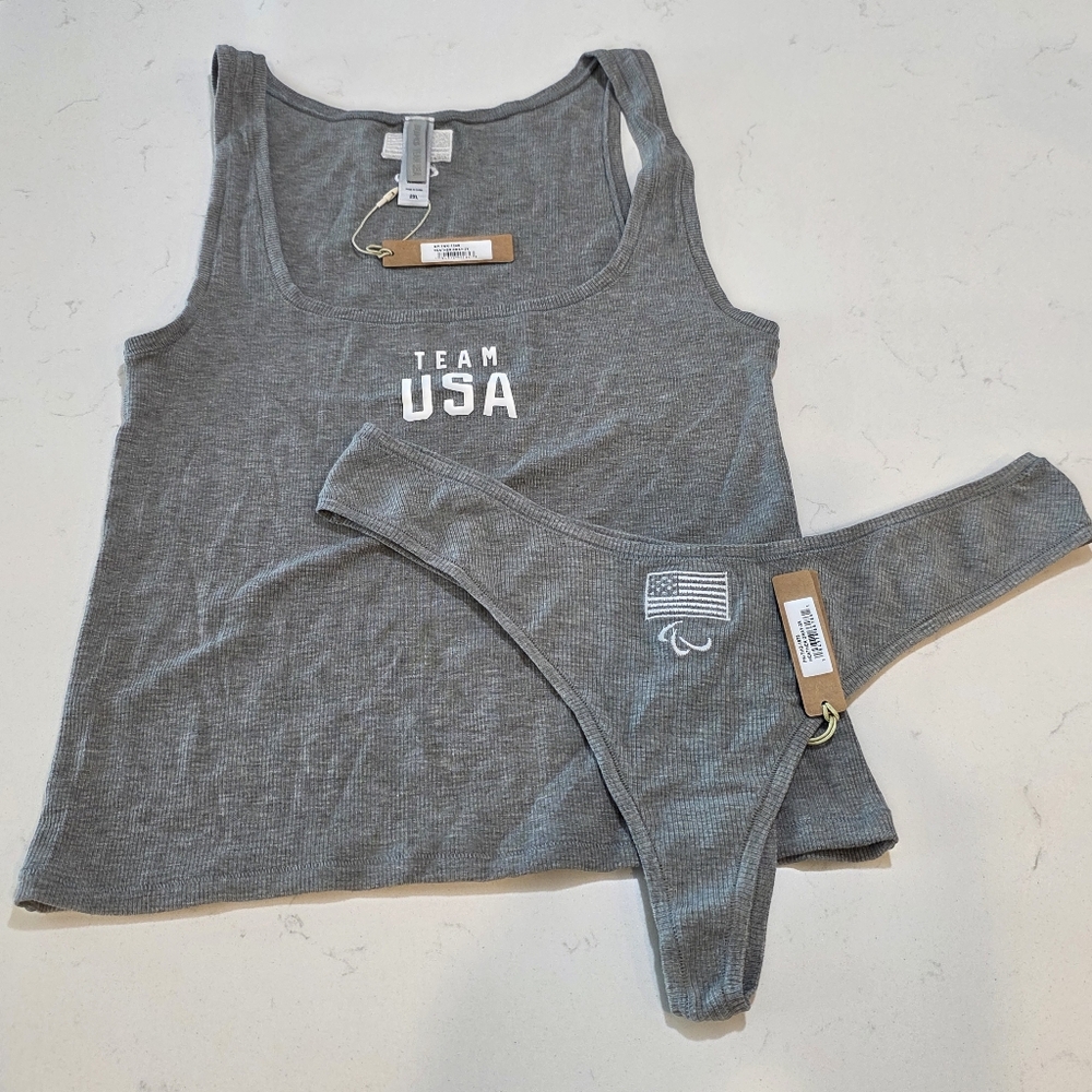 2pcs SKIMS Soft Lounge Rib Tank + Thong Team USA PARALYMPIC HEATHER GRAY - Picture 9 of 14